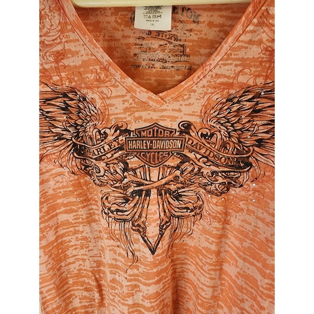 HARLEY-DAVIDSON Orange Semi Sheer Mother Road Kingman AZ Women Graphic VNeck XL - Picture 3 of 8